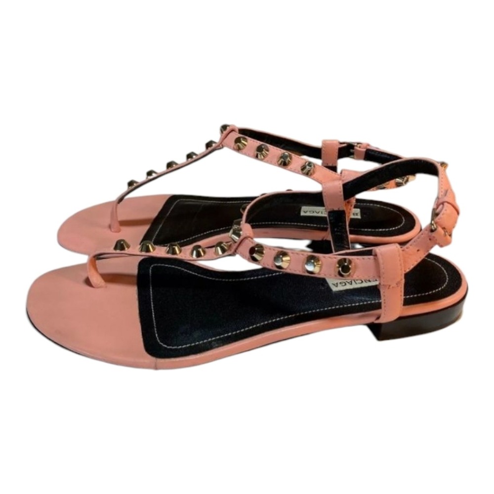 BALENCIAGA PINK leather thong SANDALS 37.5 7 flat slide ROCKSTUD ANKLe star STud - Picture 4 of 16